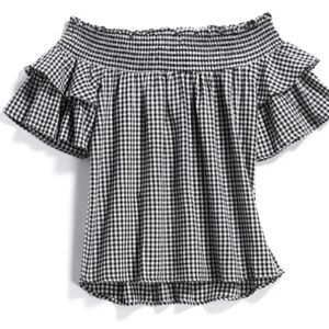 LAJU Off Shoulder Gingham Top Smocked Neck Ruffle Sleeve Black White Stitch Fix